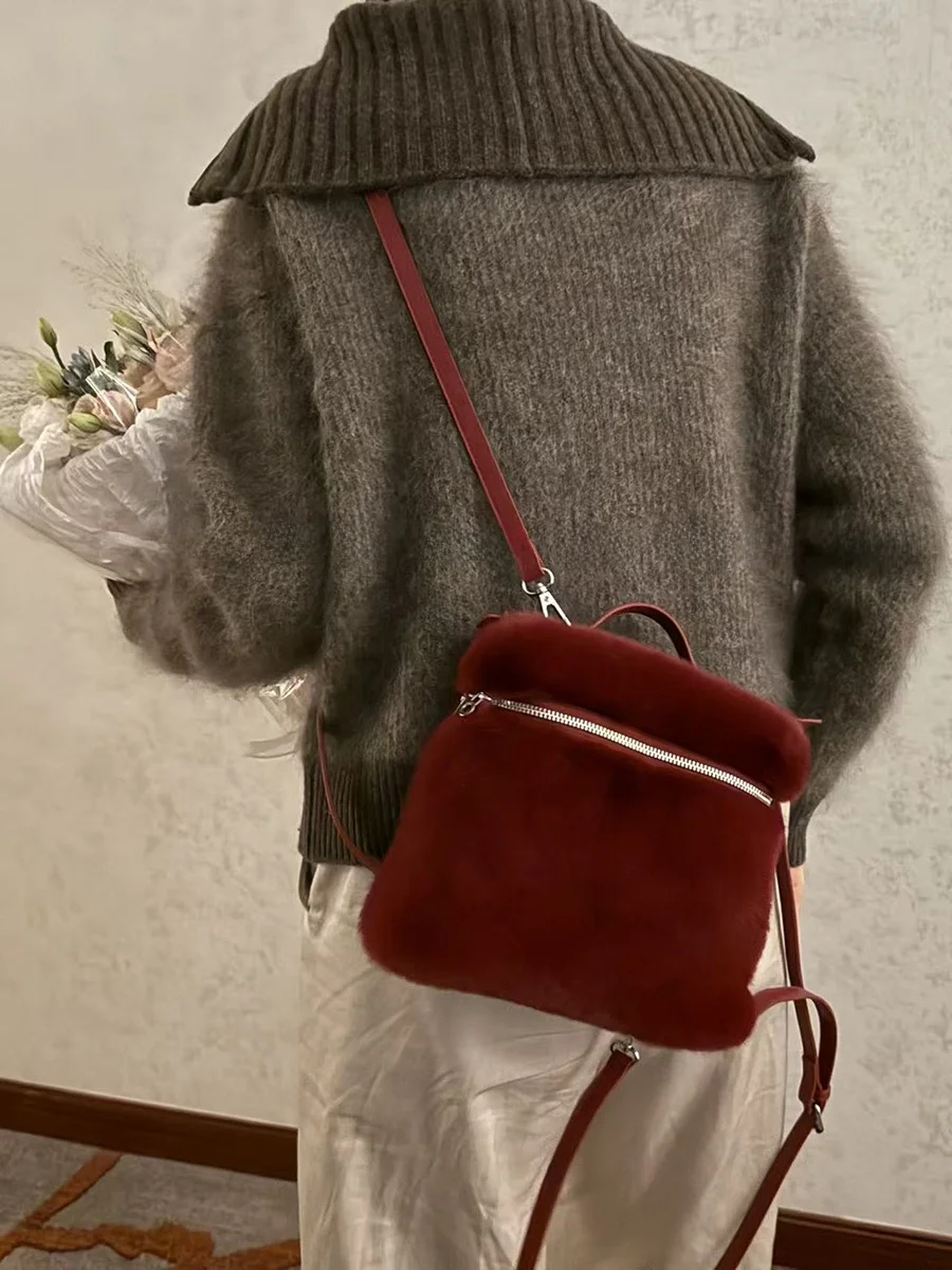 

Ele Sle Fur oulder Bag Simplified Design Autumn Winter Double Strap Bag Imitation Mink Woolen Handbag for Ladies