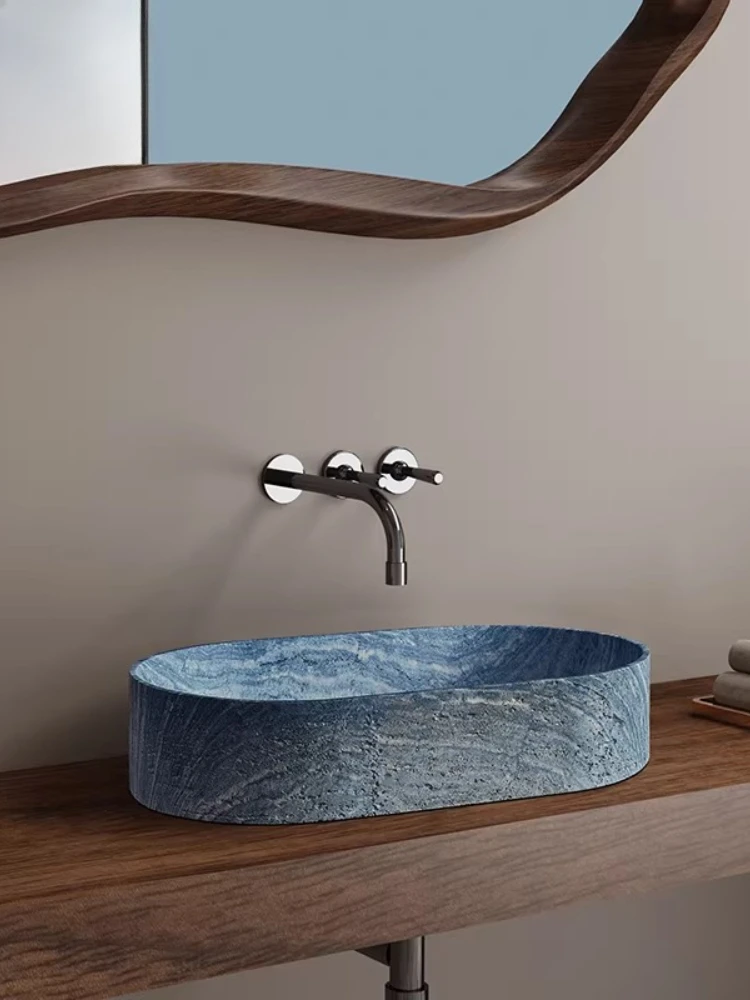 

Итальянская минималистичная роскошная каменная раковина для умывальника из травертина, овальная раковина из голубого мрамора.