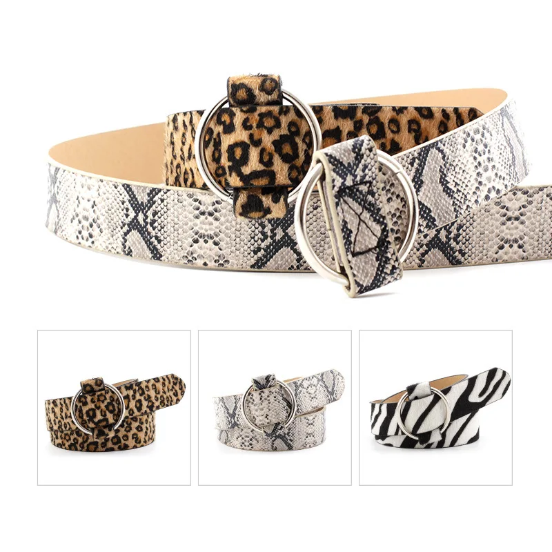 

Creative Needle-free Round Buckle Casual Women's Belt Youth Fashion Leopard Print Snake Print Wide Waist Belt for Women