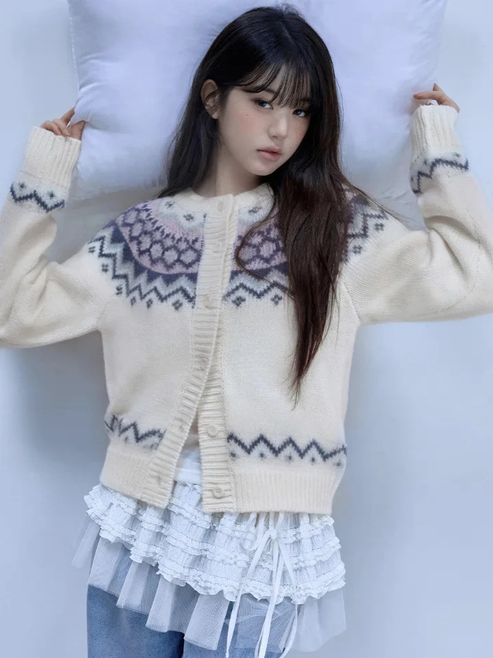 レディースニット花柄オープンカーディガン エスニックスタイル デイリーウェア 中程度の柔らかさ 長袖 丸首 暖かさを提供