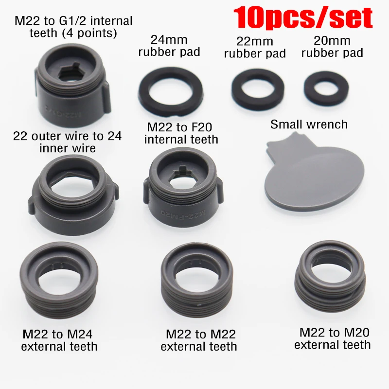 

10pcs Faucet Adapter Set M22 Turn M20 M22 M24 Internal and External Fine Tooth Faucet Conversion Thread Accessories