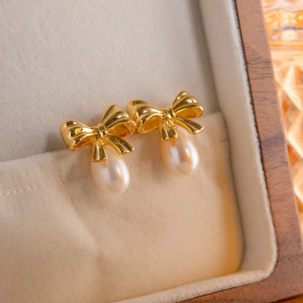 French Vintage Bow Pearl Stud Earrings 18k Gold PVD Plated Stylish Jewelry for Women