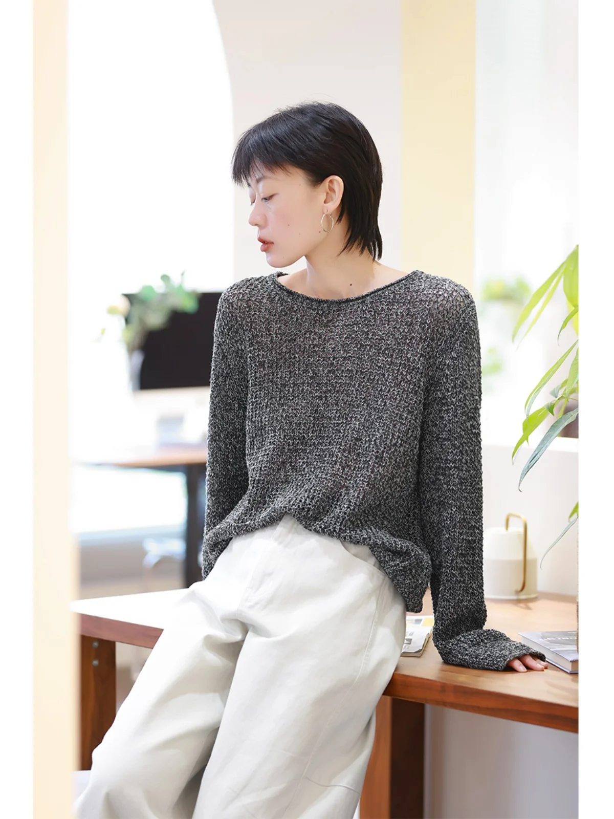 

Loose Long Sve Knitted Sweater Women's round Ne Fllend Yarn Retro Texture New Autumn Top Comfortable Cotton Wool B...
