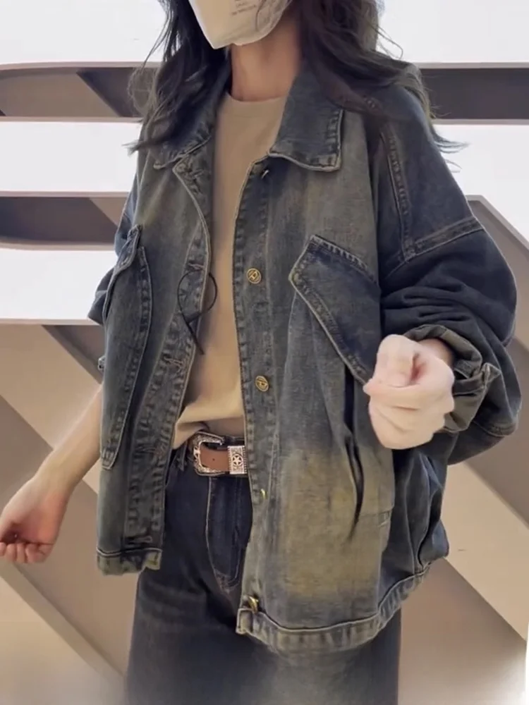 

Retro Denim ort Jaet Women's Casual Long Sve Top Coat Button ket Design Slimming Effect Chinese Brand Faion Outer...