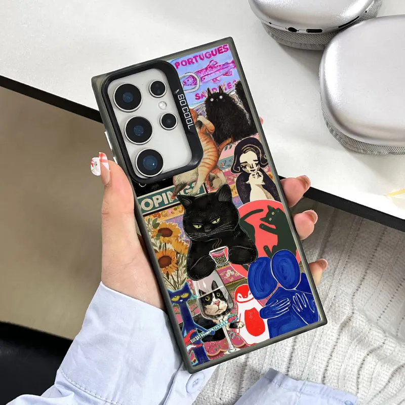 

New Cute Black Cat Multi Graphic Stitching Laser Phone Case For Samsung S25 S24 S23 S22 Ultra Plus S21 S23 S24 FE Back Covers