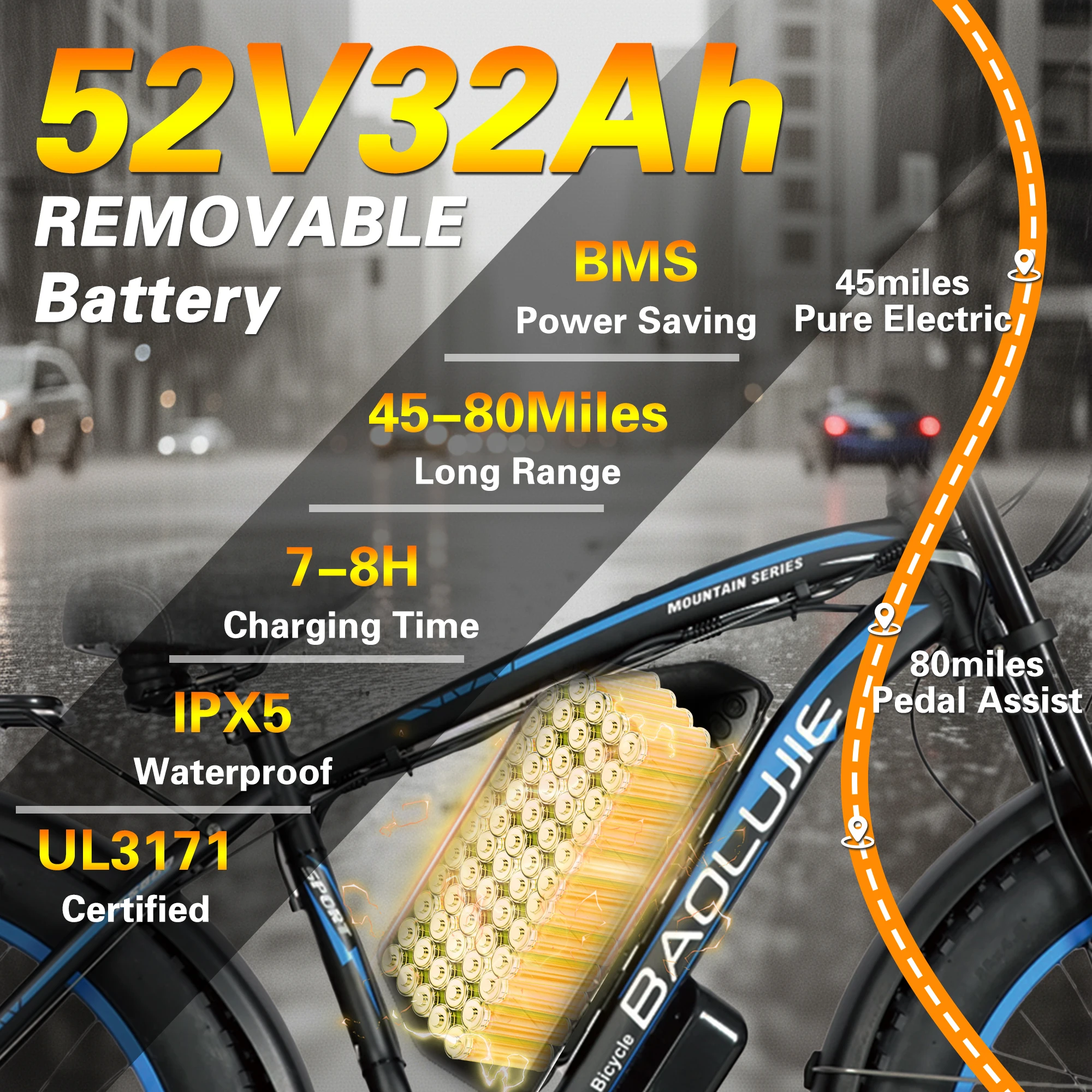 BAOLUJIE จักรยานไฟฟ้ามอเตอร์คู่ 3000W/5000W สำหรับผู้ใหญ่，มอเตอร์ไซค์ไฟฟ้าแบตเตอรี่ 48V/52V，ความเร็วสูงสุด 38 ไมล์ต่อชั่วโมง