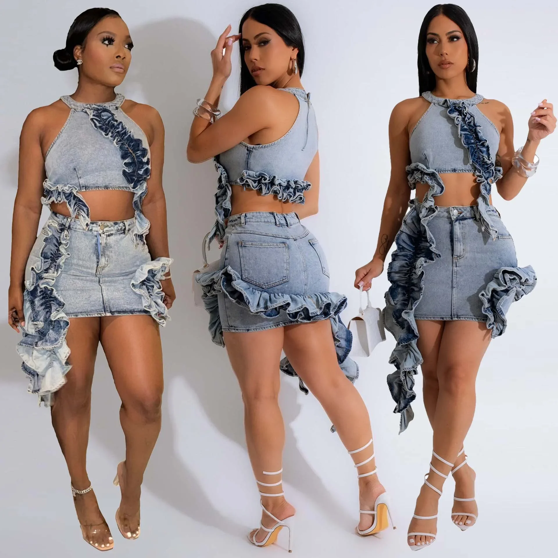 Denim Crop Tops 2 Piece Mini Skirt Sets Women Sexy Cargo Dress Y2K Denim Jean Two Piece Sets Summer Outfits Clothes Ruffle Dress