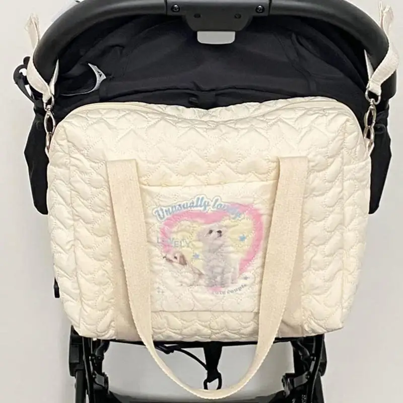 

Baby Beige Cotton Fabric Zipper Diaper Tote Bag New Luggage Bag Cute Embroidery Pattern Diaper Storage Handbag Organizer