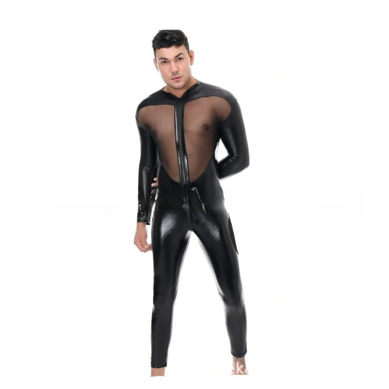 2025 Body de lingerie masculina europeia de látex e malha |   Traje fetiche de painel transparente para apresentações de palco e eventos adultos