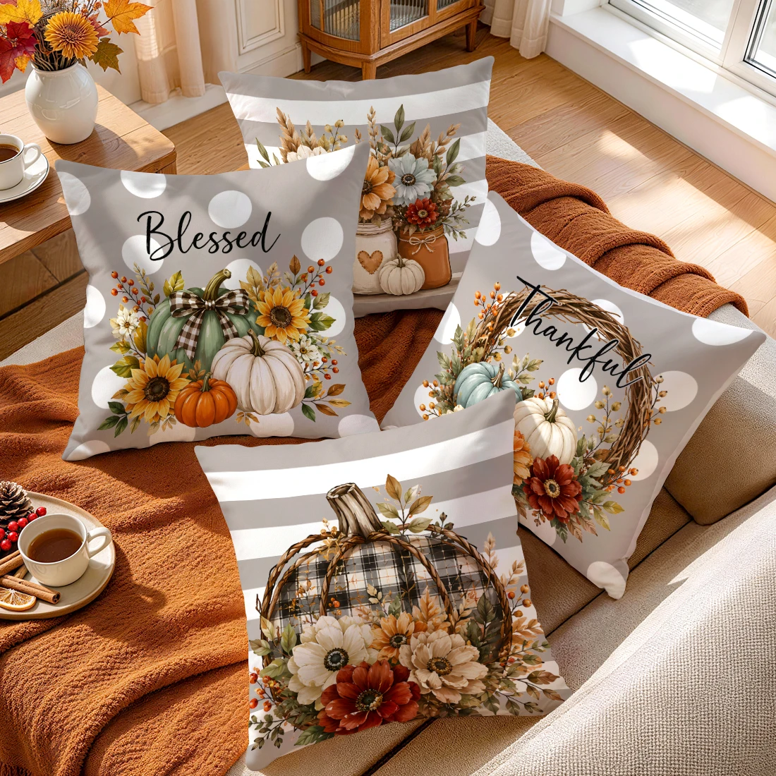 Autumn Pumpkin Flower Basket Cushions Pillowcase Polyester Cushion Cover Throw Pillow Pillowcover Home Car Sofa Decor