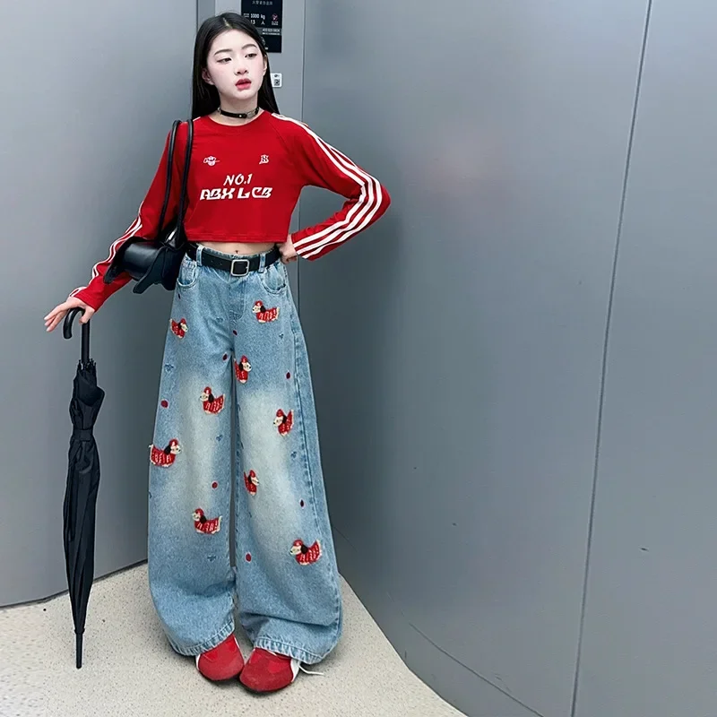 Girls' Embroidered Jeans 2025 New Children's Korean Spring and Autumn Dress Loose Cartoon Wide Leg Pants Girls' Pants