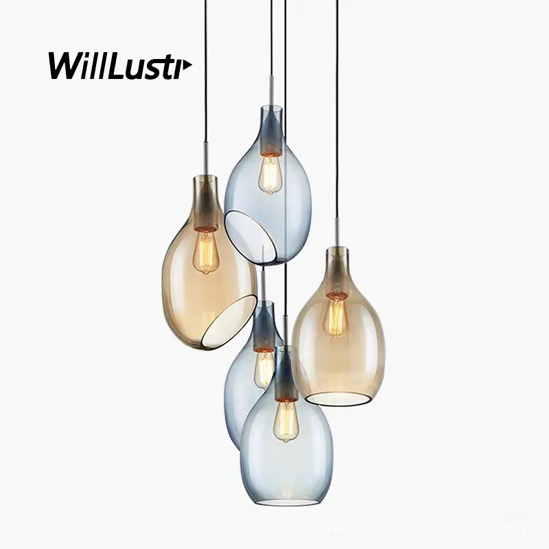 

Blue Amber Glass Pendant Lamp Creative Drumstick Suspension Light Hotel Cafe Bar Counter Chicken Leg Hanging Ceiling Chandelier