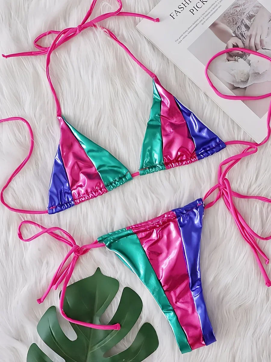 

Мини-стринги из искусственной кожи, бикини, женский купальник, женский купальник, комплект из трех частей, купальный костюм с лямкой на шее, купальный костюм для женщин