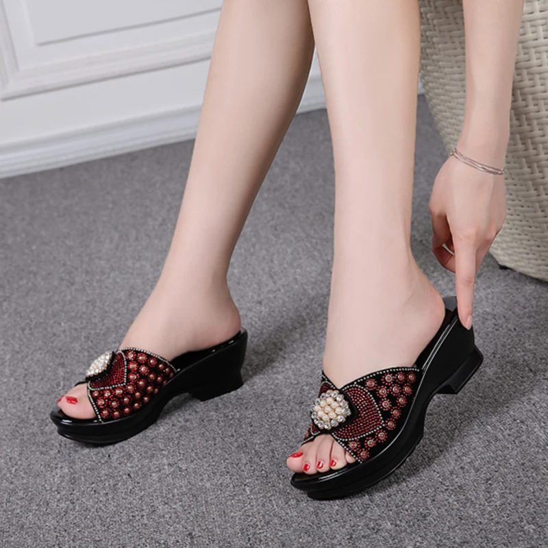 Slippers Women\'s Summer 2024  Sandal Heels Platform  Wedges  For Women  Slope Heel DrillWomen\'s mother\'s Rhinestone Slippers