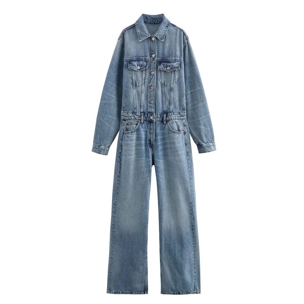 Kar & Otza 2024 estate nuova moda donna Denim lavato ad acqua colore chiaro Flip Collar tuta in Denim per le donne