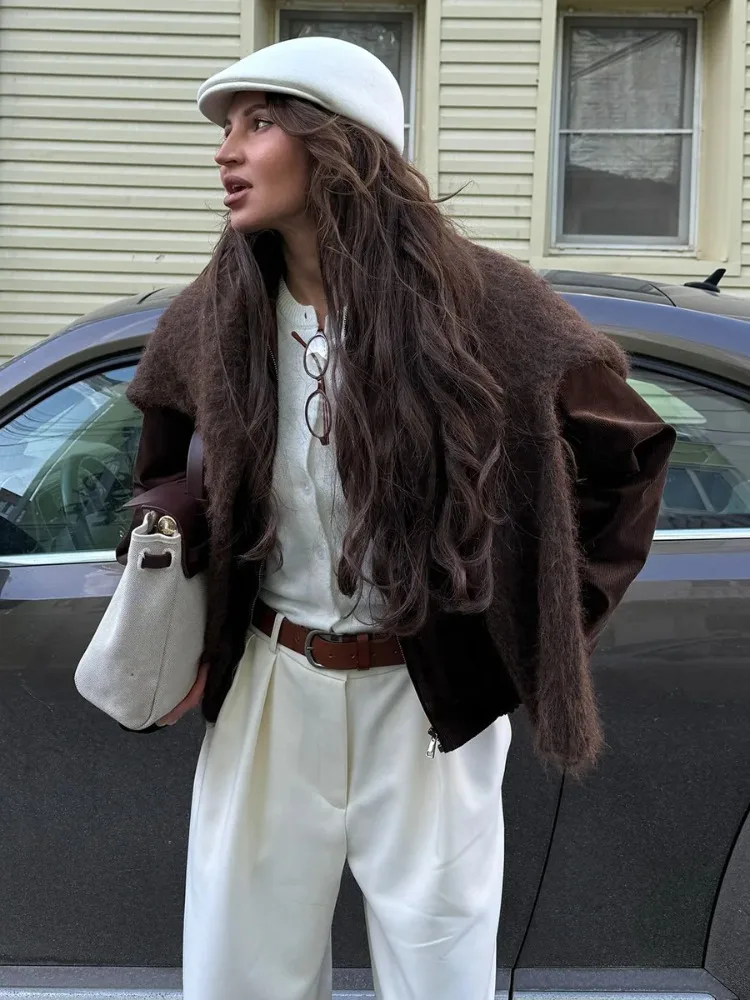 

EOENKKY Women's New Cotton Retro Brown Corduroy Jacket Lapel Collar Trendy Zip Up Autumn Winter 2026 Fashion Jackets Coats