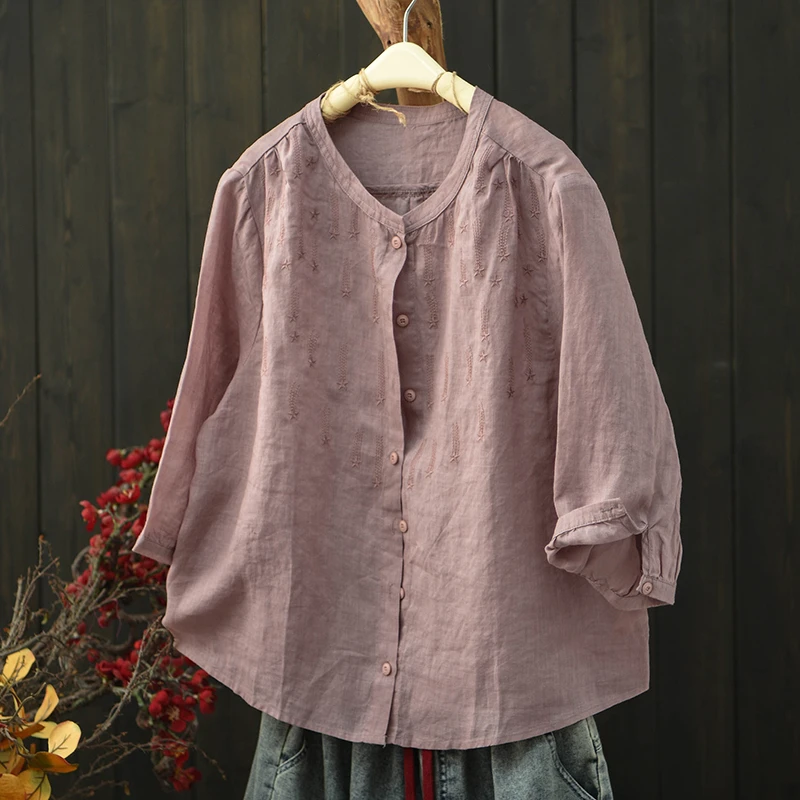 

High Quality Ramie Embroidery Women Casual Shirt New 2026 Summer Vintage Style Loose Female Half Sleeve Tops Shirts M2413