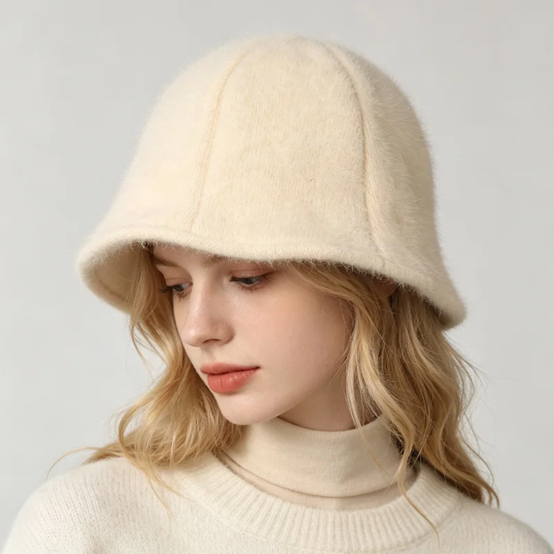 Bucket Hat Winter Women Angora Knit Fluffy Warm Fleece Lining Wide Brim Sun Protection Cap Accessory For Autumn Climb Outdoor