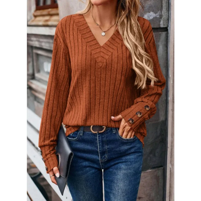Autumn Fashion Winter Casual Knitted Women T-shirt Long Sleeved Tops V-neck Solid Color Tee Loose Shirts Buttons Clothing