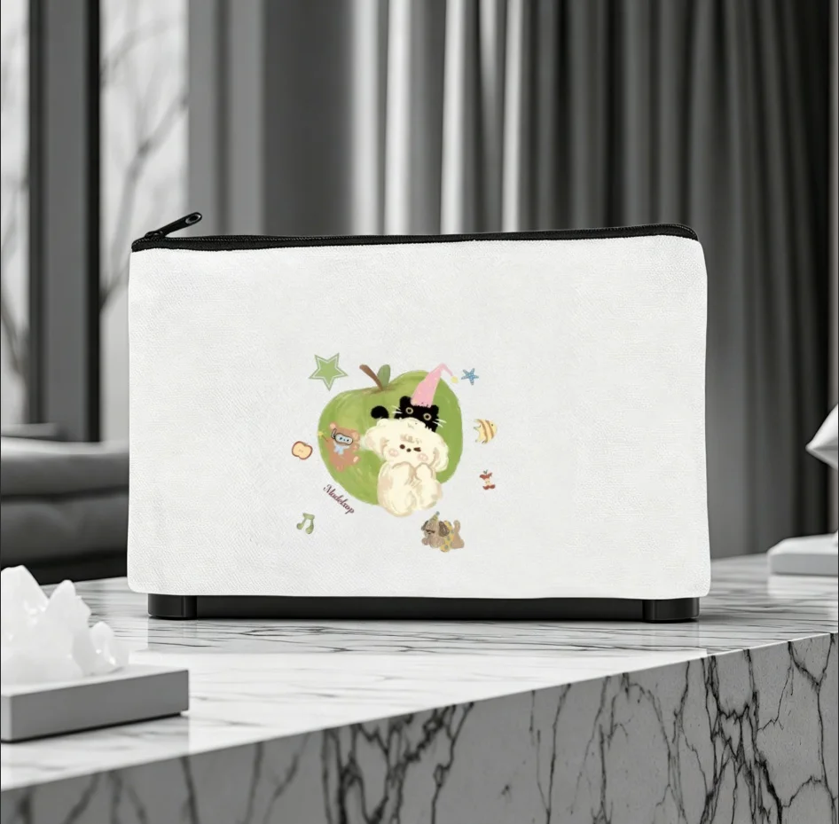1PC Cute Green Apple Fluffy Dog Black Cat Star Canvas Zipper Pouch Cartoon Stationery Makeup Coin Storage Bag