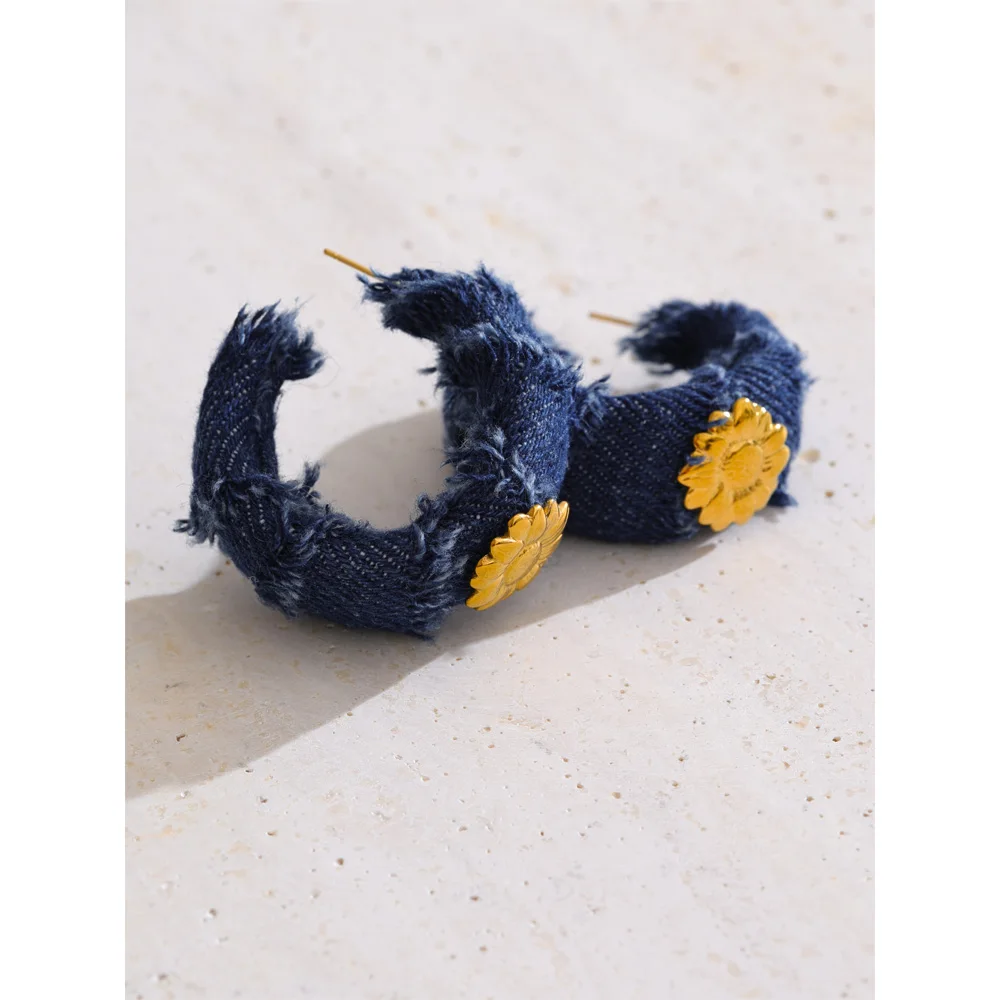 Yhpup Creative Blue Denim Flower C Shape Hoop Earrings Women Stainless Steel Popular Jewelry Autumn & Winter New 2025 Wholesale