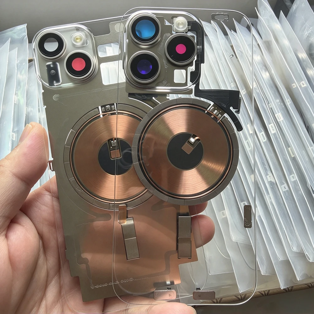 Transparent Back Cover Glass DIY Mod for iPhone 14 15 Plus Pro Max, All-in-One Replacement with Magnet Coil Parts & Stickers
