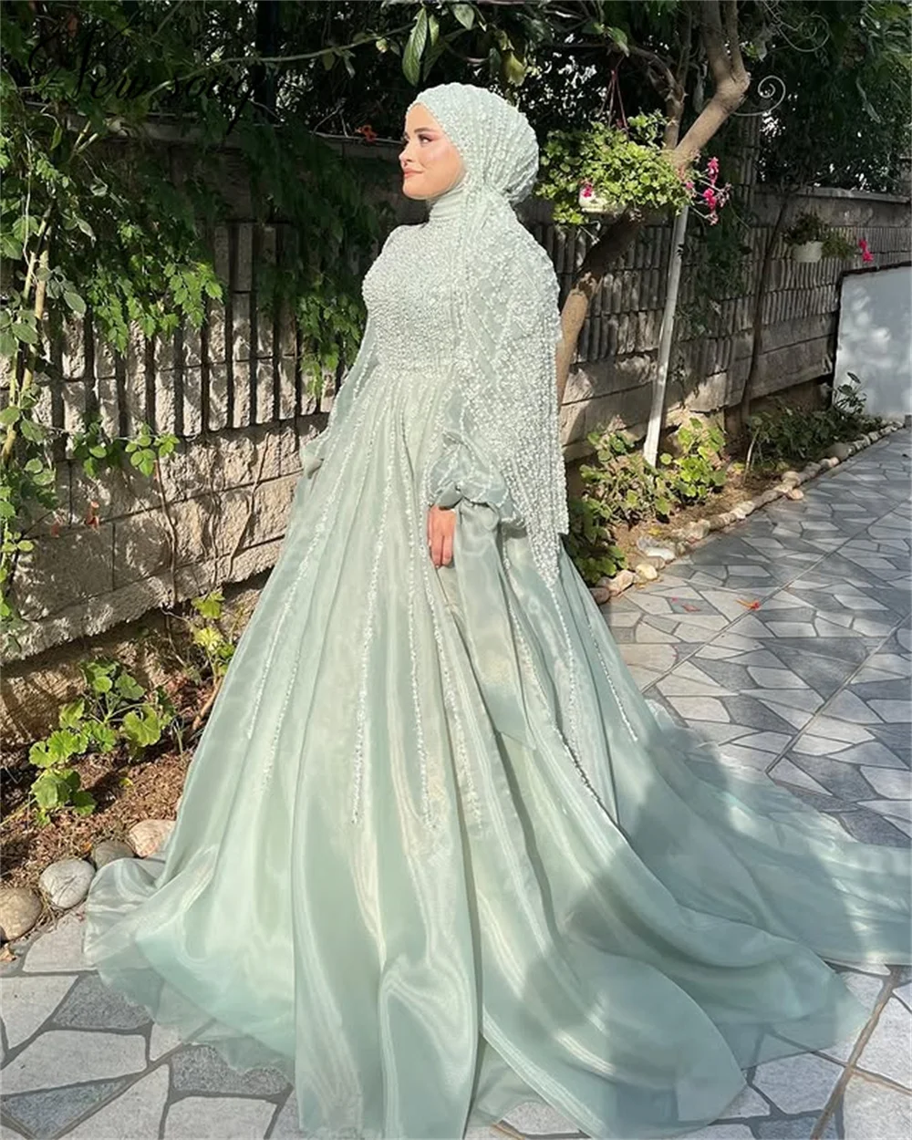 Aso Ebi Mint Green Beading Celebrity Dresses Luxury Long Sleeves Dubai Evening Dress Party Opening Ceremony Dresses Customized