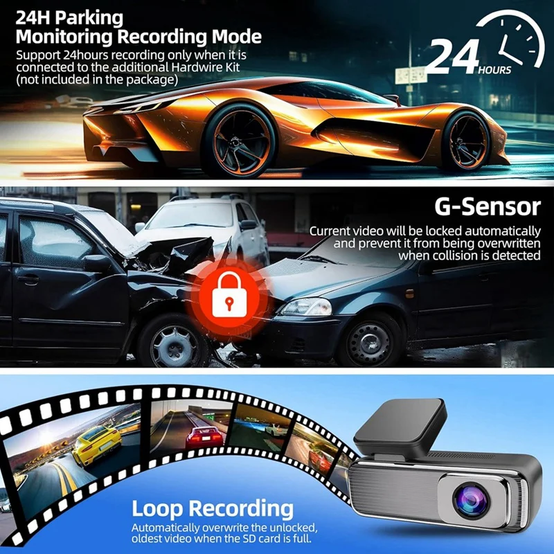 Kamera dasbor mobil 1080P ringkas dengan layar IPS 1,47 inci, parkir 24 jam, Rekam Loop, perekam DVR g-sensor