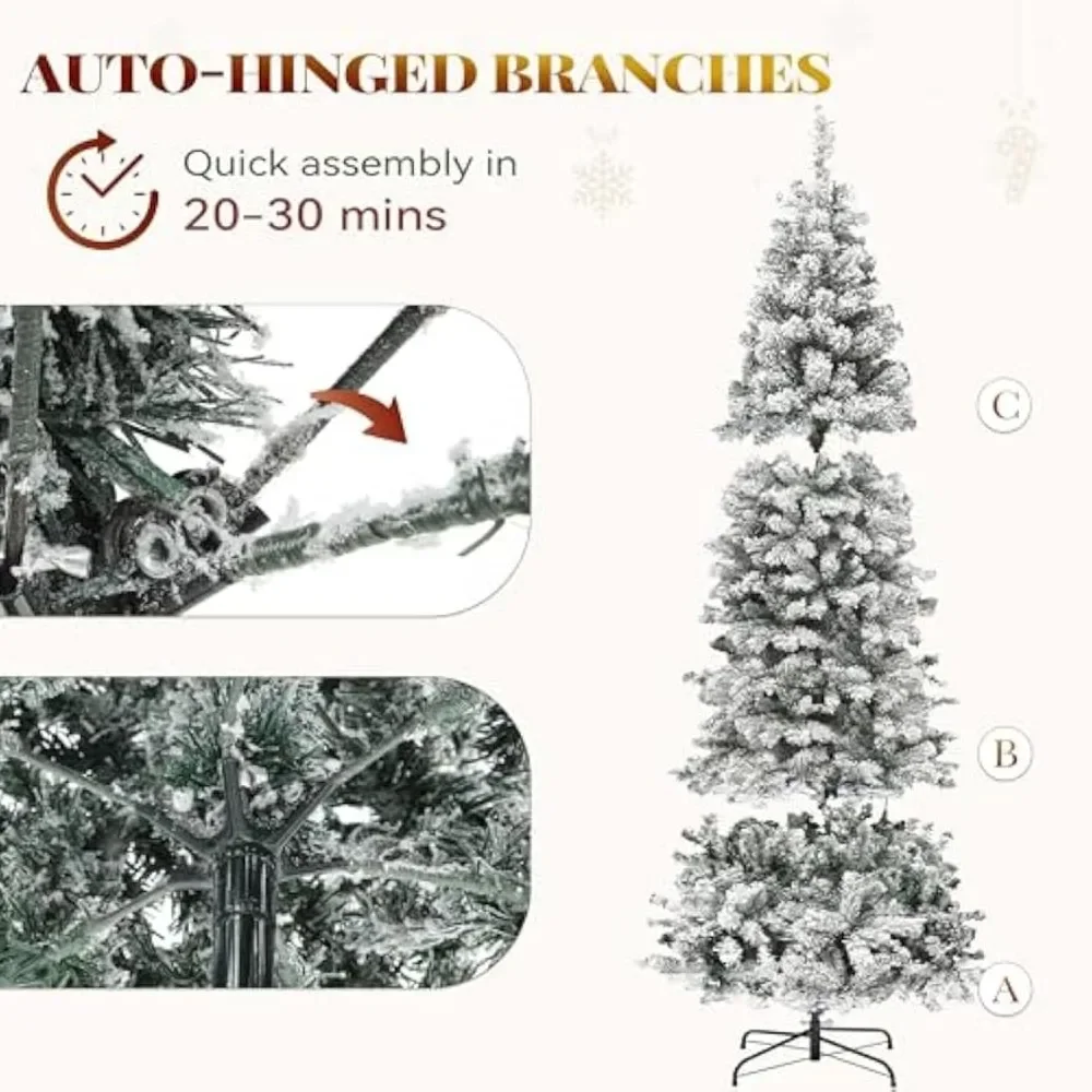 

7.5ft Pre-lit Snow Flocked Pencil Christmas Tree, Kingswood Fir, Hinged Artificial Slim Corner Xmas Tree for Home,