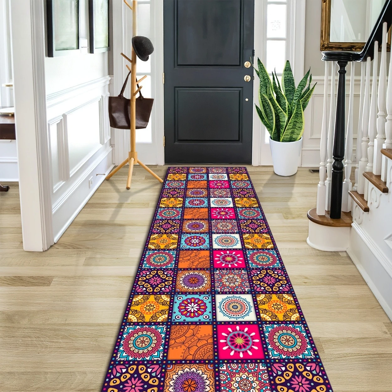 Vibrant Moroccan‑Inspired Tile Floor Runner Mat  Multi‑Cultural Mandala Patchwork Art Decor Rug for Indoor Home Space