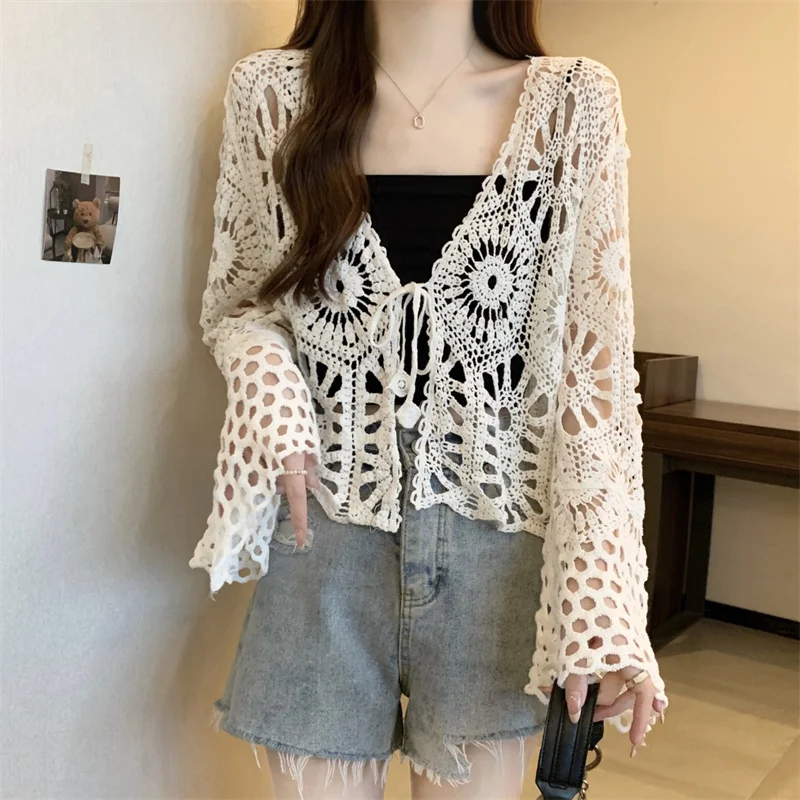 Kimotimo Hook Flower Hollow Flare Sleeve Knitted Tops Women Summer Holiday Style V Neck Lace Up Loose Cardigan Casual All Match