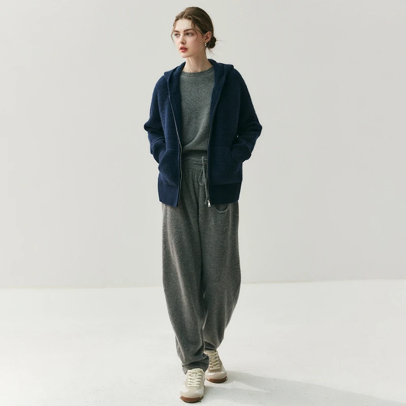 

Women Cashmere Pants Autumn Winter Casual Loose Long Bloomers 100% Cashmere Knit Pants Chic Drawstring Pocket Cashmere Trousers