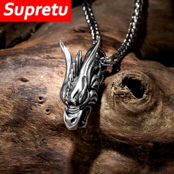 Vintage Vikings Dragon Head Necklace Stainless Steel Norse Mythology Animal Dragons Pendant Men Scandinavian Amulet Jewelry Gift