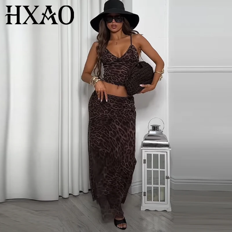 

HXAO Women's Two Pieces Set Mesh Leopard Skirt Set Crop Slip Top 2 Pieces Set For Woman Chic Tulle Mid Waist Long Skirt Outfits