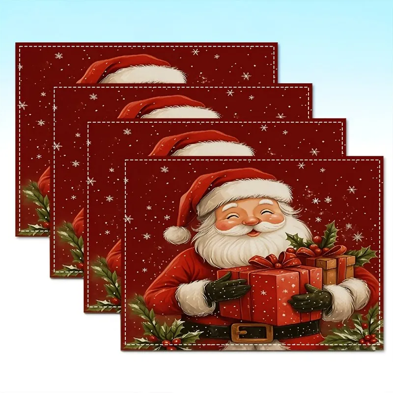 VIKAMA Christmas Linen Placemat, Santa Hugging Gift Box Burgundy Holly, Machine Washable Heat Resistant, Holiday Dinner