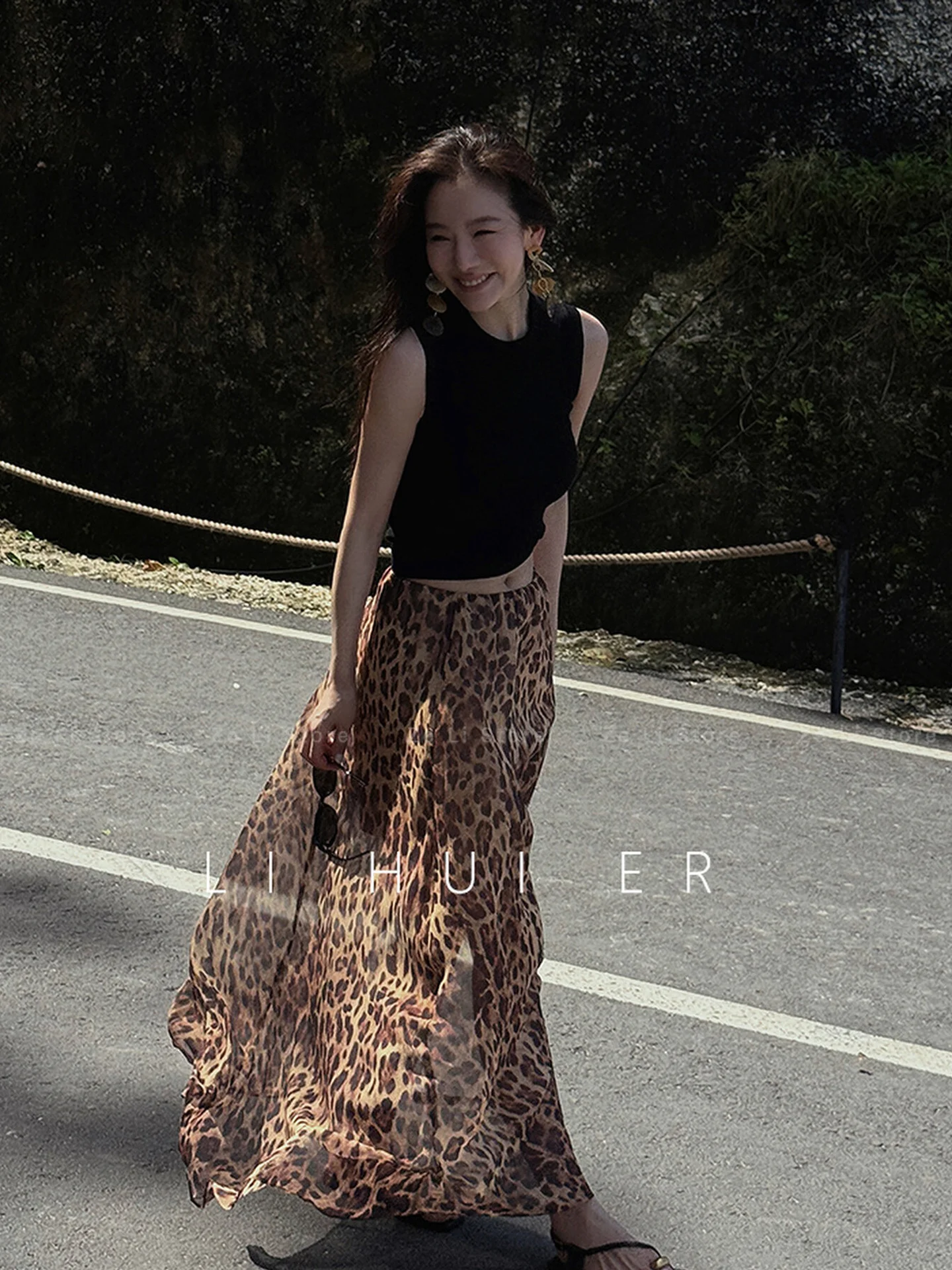 Comfortable Loose Leopard Print Halter Neck Dress Women's Summer Casual Long Skirt Korean Style High Waist Umbrella Skirt