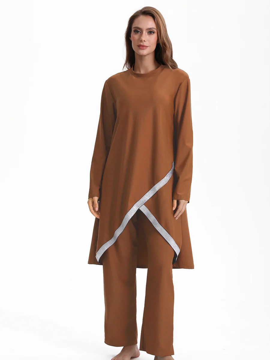 Women's 2-Piece Islamic Modest Swimwear - Long-Sleeve Tunic + Loose Pants with Silver Trim, Full Coverage Stylish Swimwear