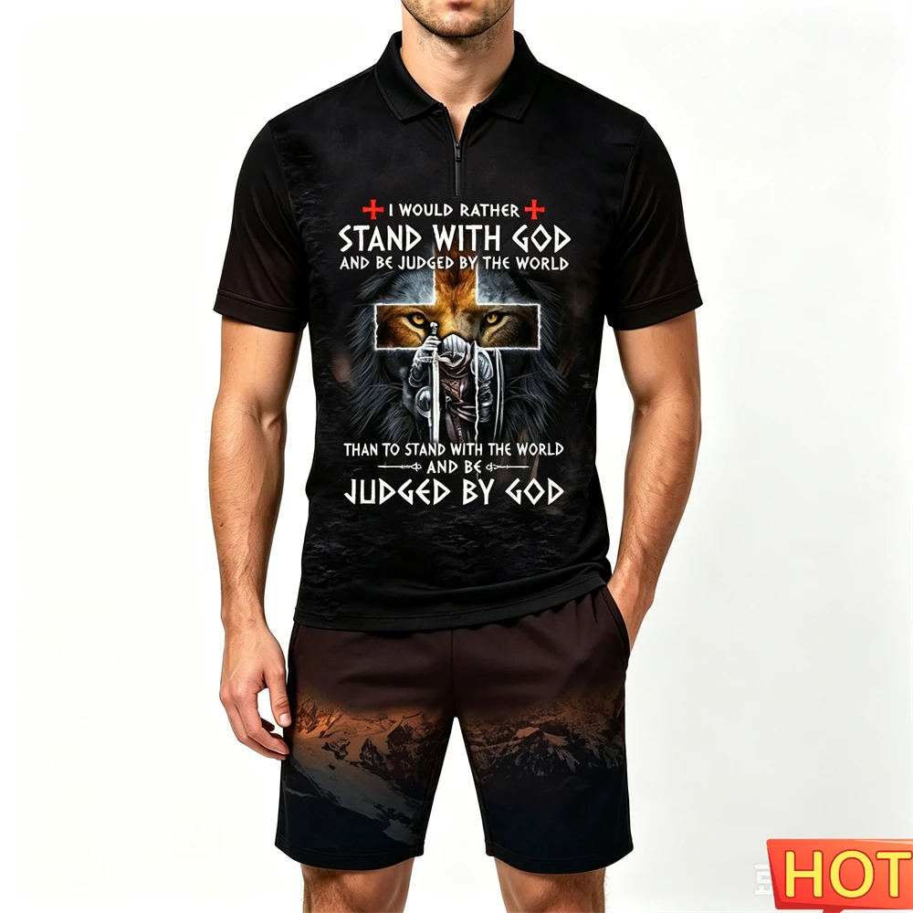 Summer Men's Sets Crusader Knights Print Zip Polo Shirt and Shorts 2 Piece Street Hip Hop Men's Outfit Casual Short Sleeve Suit view 3
