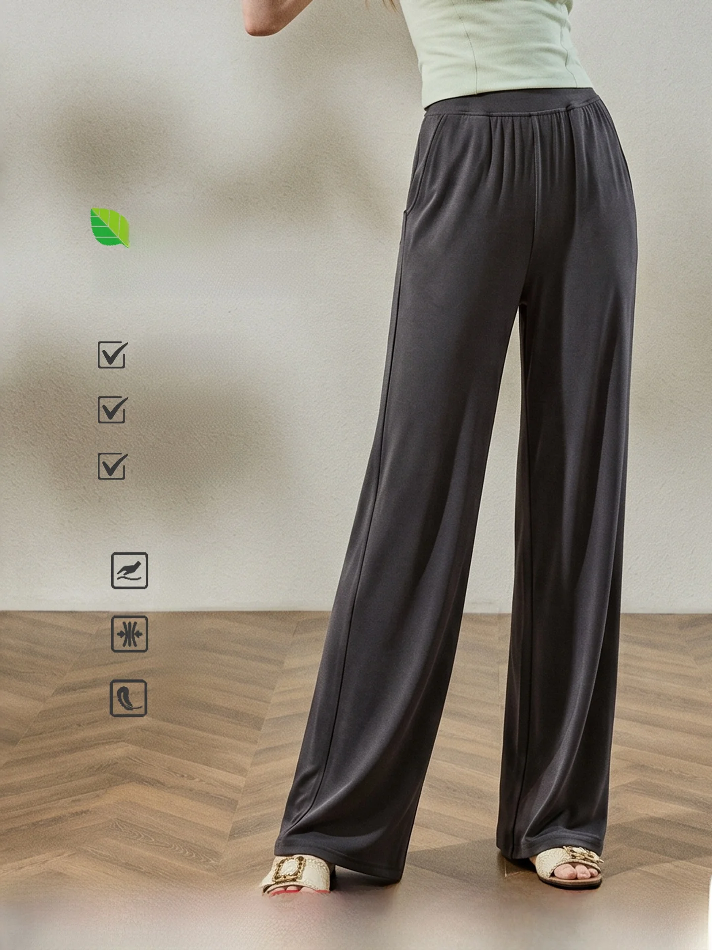 High Waist Wide Leg Pants Women's Soft Elastic Breathable Drapey Modal Cotton Casual Commute Long Trousers Slimming Effect
