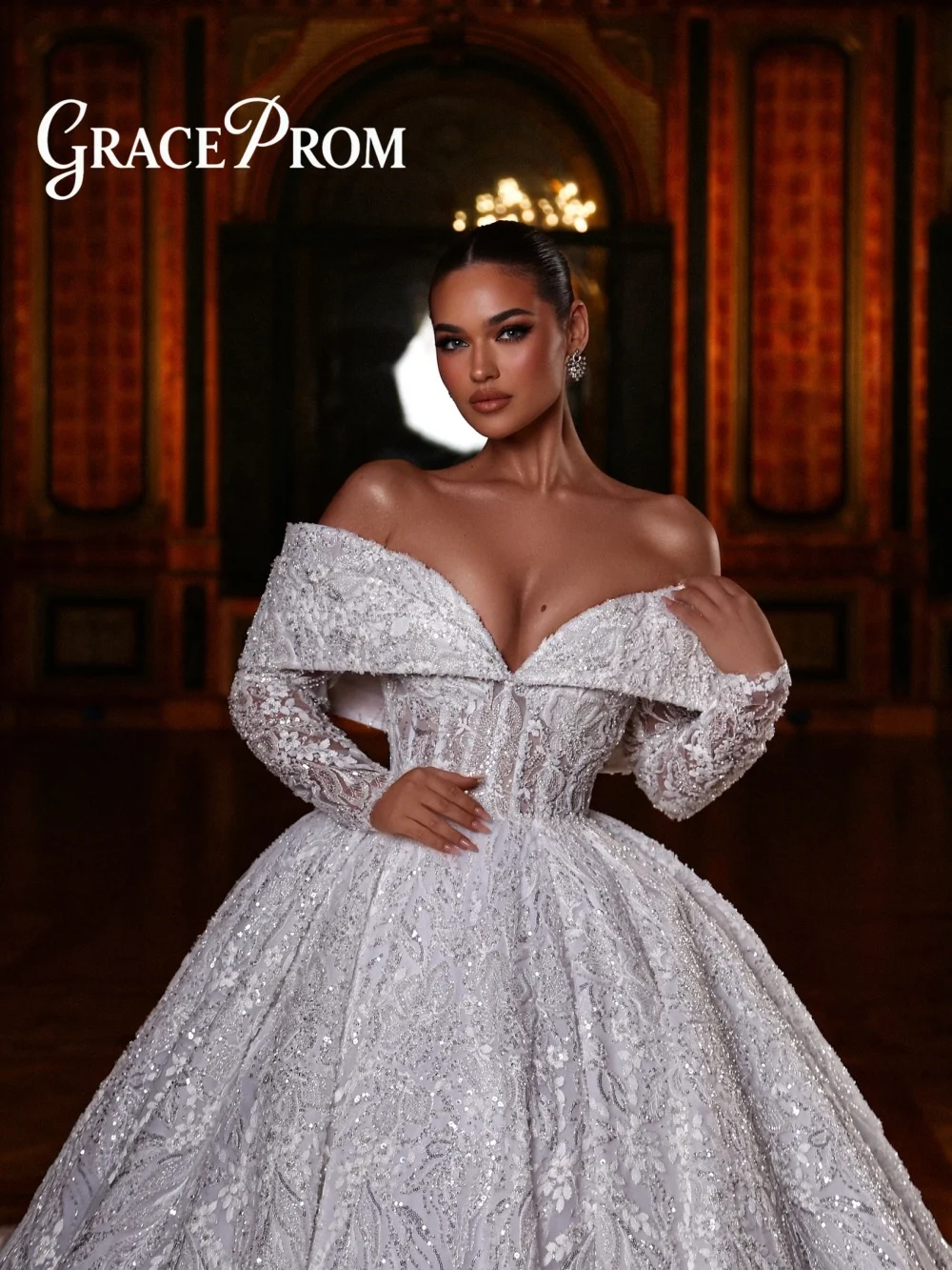 

Luxurious Off Shoulder Beaded Wedding Dress 2026 Romantic Lace Bridal Gown Exquisite A Line Floor Length Bridal Dress Robe De Ma