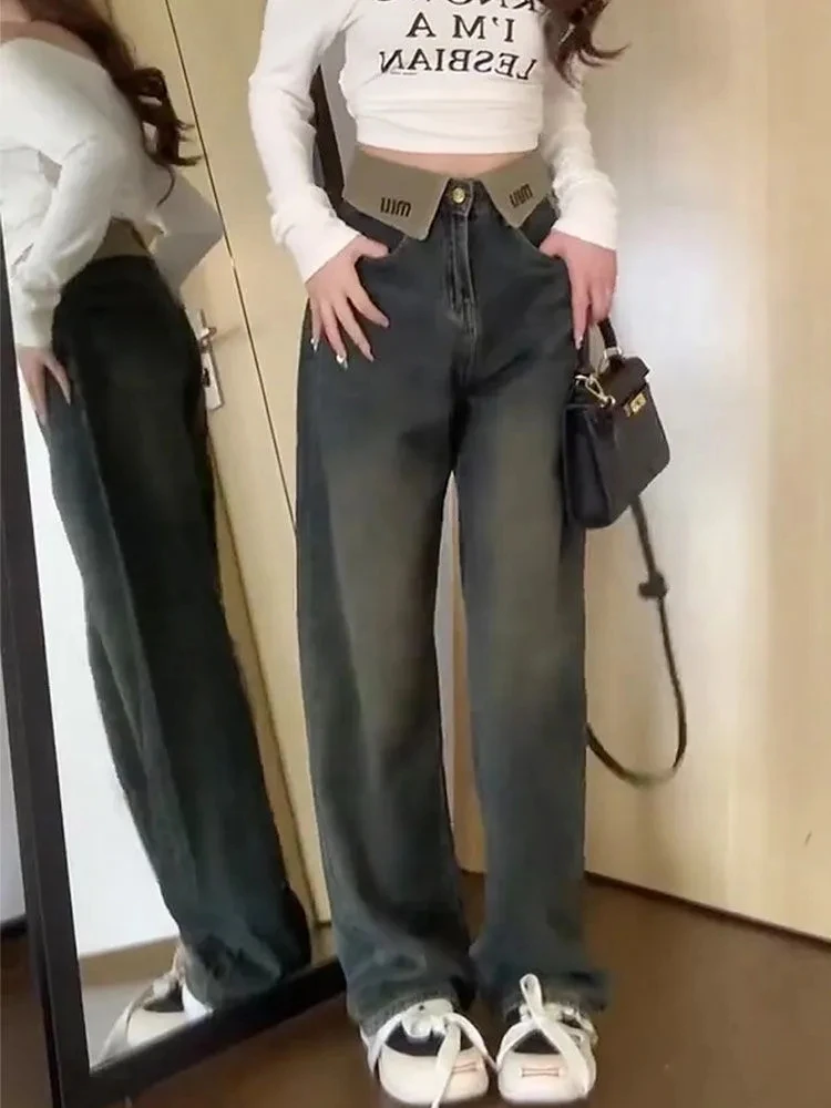 

Retro Korean Style Loose High Waist Wide Leg Jeans Women's Casual High Street Long Pants Color Block Letter Splicing