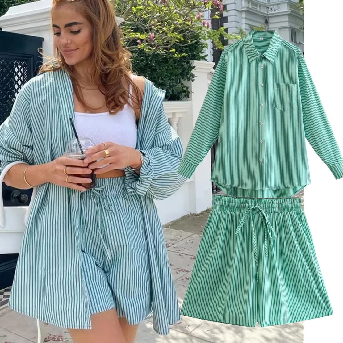 

Withered 2024 Ins Fashion Blogger Loose Striped Shirt Blouse Harem Shorts Bermuda Women Casual Sets