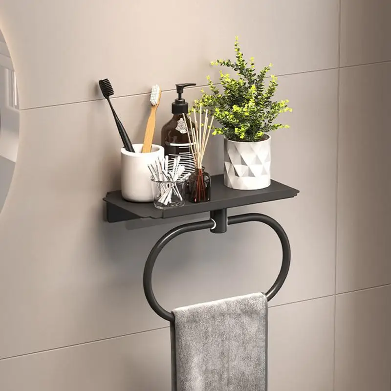 

No Drilling Wall Mounted Towel Hanger With Shelf for Bathroom Towel Ring Storage Holder Heavy Duty Bath Hardware Accessories