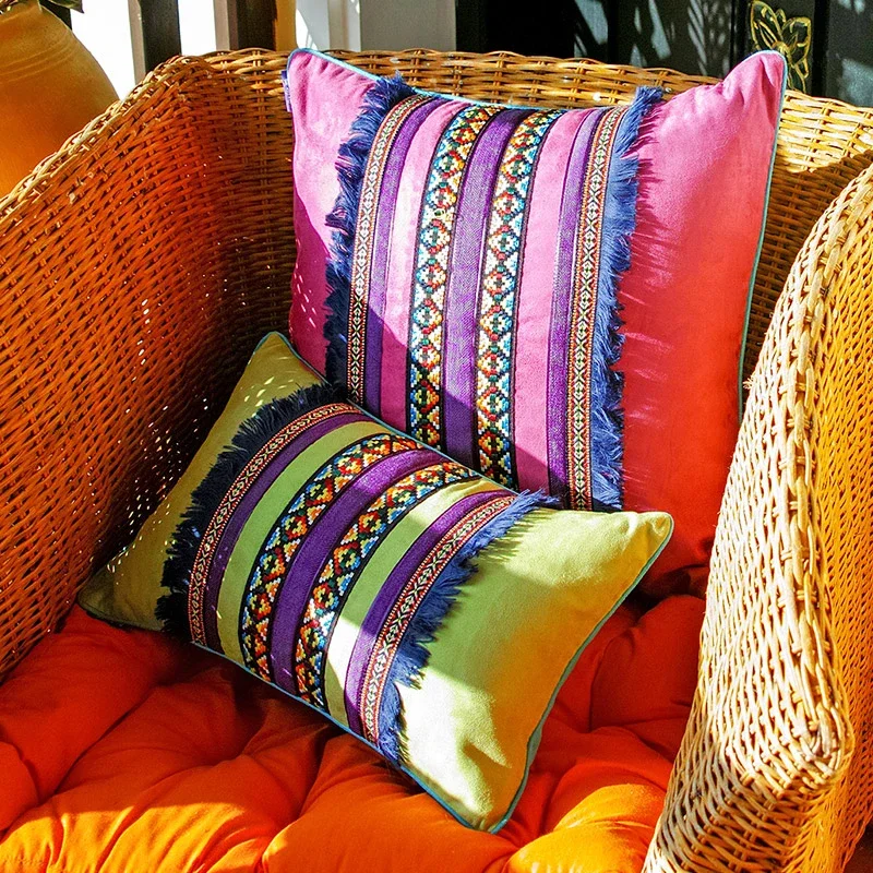 Colorful Morocco  Tribal Boho Throw Pillow Covers 18X18 Inch Geometric Soft Suede Square Cushion Cover Vintage  Sofa Pillow Case