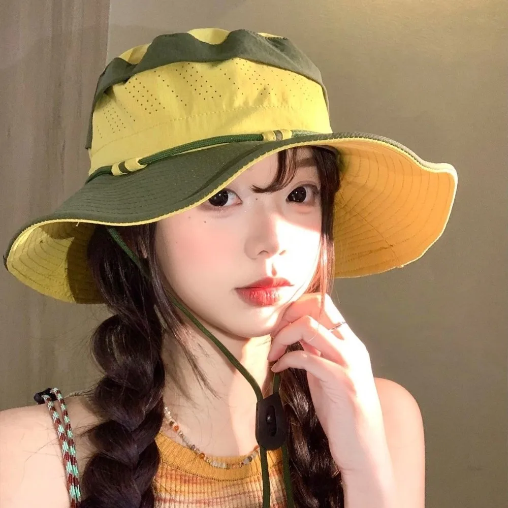 

Sweet Color Blocking Sun Protection Bucket Hat Big Brim Adjustable Sunscreen Fisherman Hat Quick Drying Visor Sun Hat Girl
