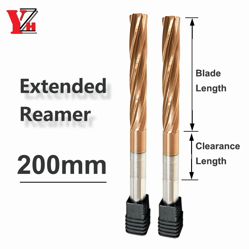 YZH 200mm Carbide Machine Reamer Extended HRC60 Coated Spiral Groove Tolerance H7 Harened Steel Metal Cutter CNC Turning Hole