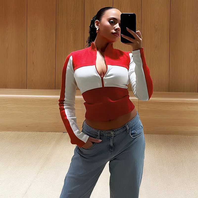 

Осенняя новая модная женская куртка с цветными блоками и воротником-стойкой, облегающая куртка на молнии с длинными рукавами, сексуальное пальто