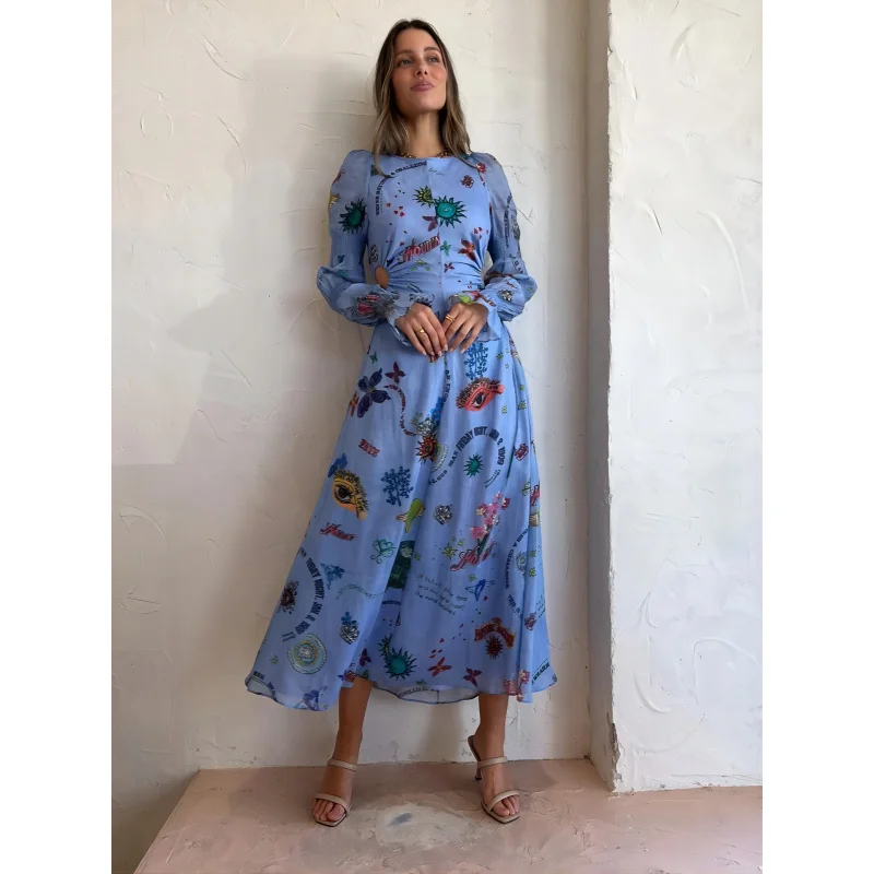

2025 Fashionable Unique Graffiti Lantern Sleeve Long Hollow Waist Round Neck Women's Dress C001