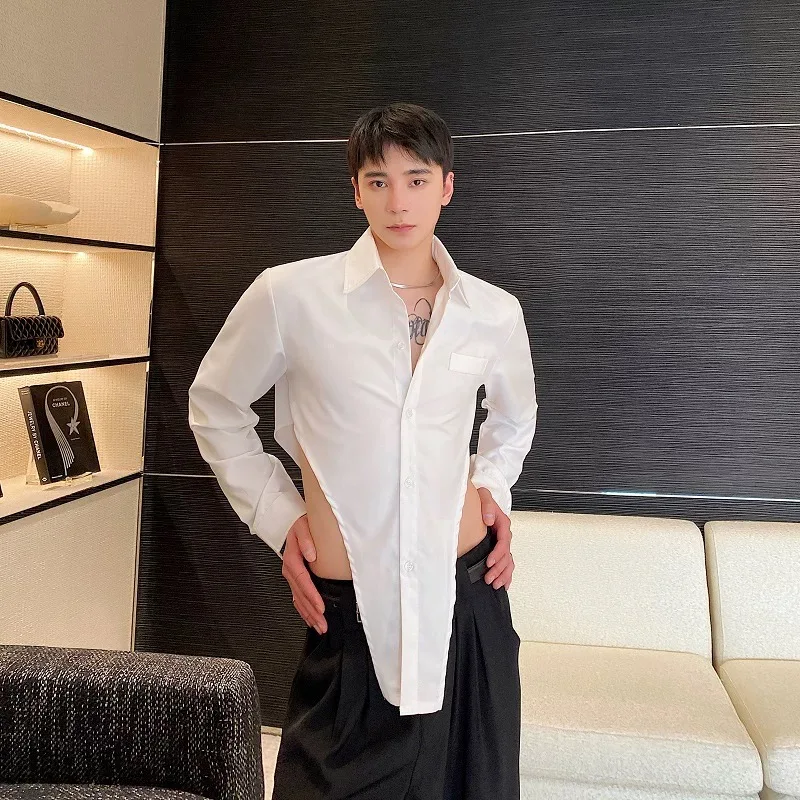 Men Senior Waist Cutout Design Shirts Tops Male Spring Handsome Hot Sexy Blouse Gentlemen Date Charm Festival Party Club Tops