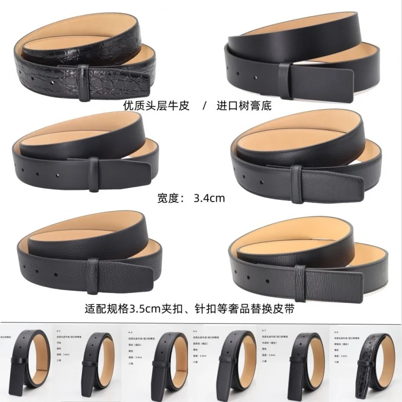 High-End Genuine Leather Belt for Men - 3.4cm Width, No Buckle, Vegetable-Tanned, Compatible with Montblanc & Ferragamo Style 8-